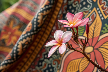 Closeup flower on batik sarong pattern background in Thailand