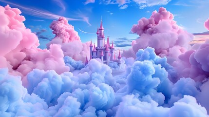Enchanted Castle Surrounded by Dreamy Clouds in Pink and Blue