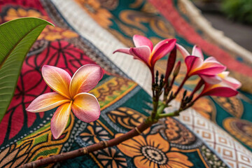 Closeup flower on batik sarong pattern background in Thailand