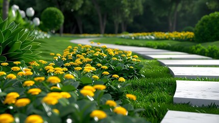 Lush Garden Pathway with Vibrant Yellow Flowers in Summer