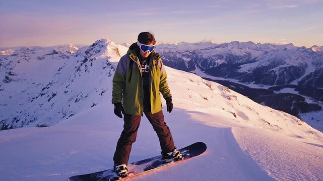 Snowboarder enjoying breathtaking mountain view from summit early morning before freeriding
