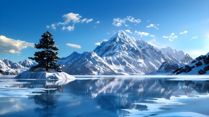 Serene Snowy Mountain Landscape with Reflections on Frozen Lake