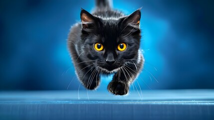 Black Cat Sprinting with Intense Gaze on Blue Background