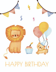 Watercolor Birthday Card with Cake, cute lion, and Bunting Decoration, Watercolor Birthday Card with Cake and Party Banners, Festive Birthday Illustration with Bunting and Candle Cake