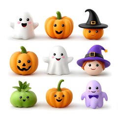 Cute and Colorful Halloween Characters with Ghosts and Pumpkins