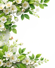 Fototapeta premium An elegant arrangement of white flowers and green leaves forming a decorative border, isolated on white isolated on transparent background