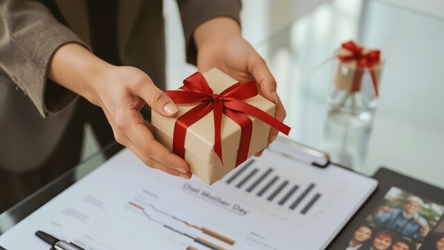 Woman hands holding red ribbon gift box, presenting surprise present, business office celebration, holiday event, blurred documents and charts background, warm natural light atmosphere
