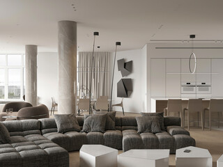 Elegant living room featuring a modular gray sofa, unique lighting fixtures, and contemporary art pieces.