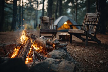 Relaxing evening near a cozy bonfire with burning firewood and chai in a tranquil forest setting