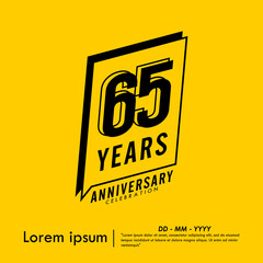 65th years anniversary celebration emblem. congratulations anniversary black logo isolated with ribbons on yellow background. vector illustration template design for web banner
