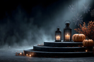 Dark Halloween mockup with black podium and spider web details,