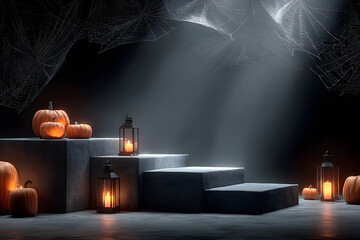 Dark Halloween mockup with black podium and spider web details,