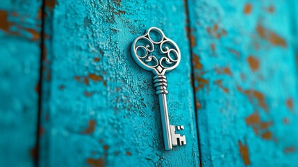 Vintage Key on Weathered Teal Wooden Surface Background
