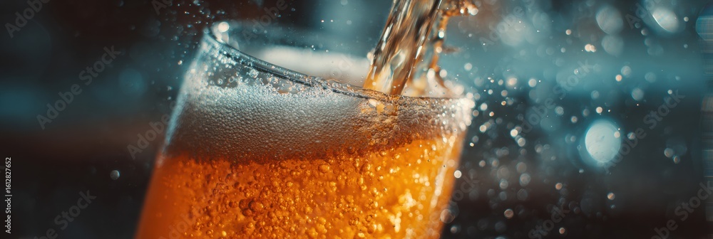 Poster motion blur captures the swift pouring of beer into a sharp glass with bubbles and froth, evoking a 