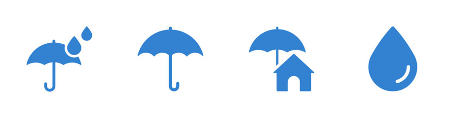 Umbrella icon for waterproofing, dry storage, insurance, protection, water drop. Solid vector icon.