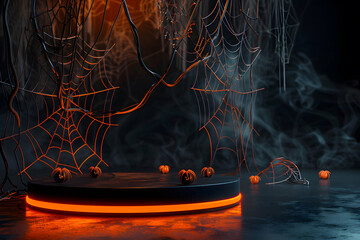 Dark Halloween mockup with black podium and spider web details,