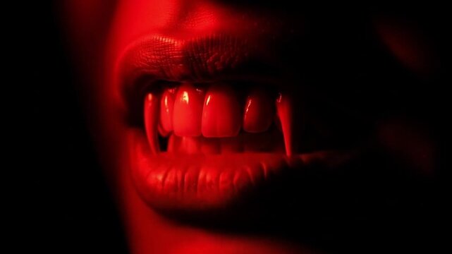 Vampire Fangs: Closeup of Red Lips and Teeth with Sharp Fangs in Dark Horror Setting