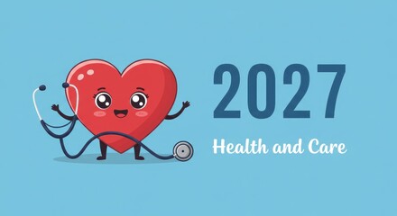 Animated heart character with stethoscope and "2027 Health and Care" on blue