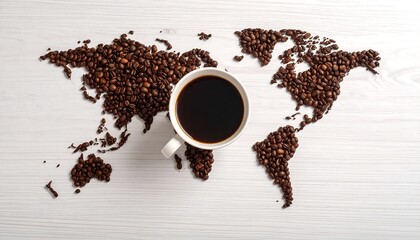 World map formed from coffee beans with a full cup of coffee in the center