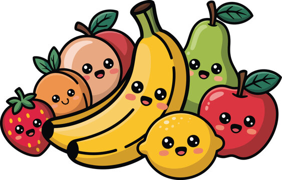 Adorable kawaii fruit characters smiling together, vibrant and cheerful for kids' designs