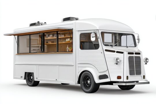 White food truck mock up featuring a side view for showcasing design and layout, perfect for culinary ventures and mobile food businesses in an urban setting