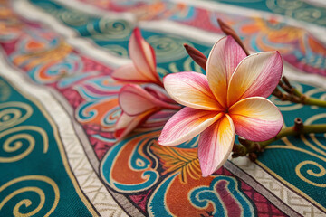 Closeup flower on batik sarong pattern background in Thailand