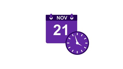 November month 21 date calendar icon clock white color animation 4k video.	
