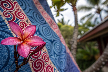 Closeup flower on batik sarong pattern background in Thailand