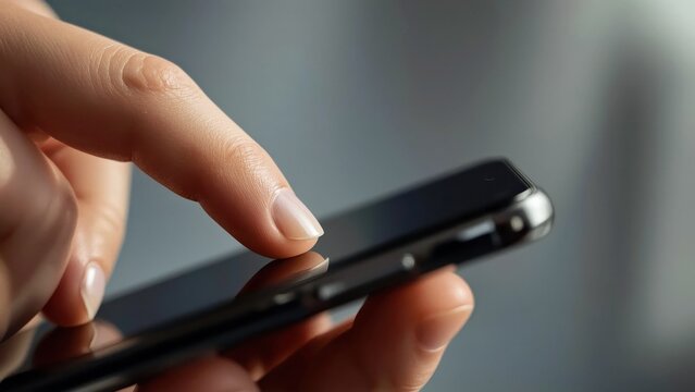 Close-up of female hand with natural nails touching black smartphone screen, digital communication concept for business, social media, technology, blurred gray background, modern tech device interact