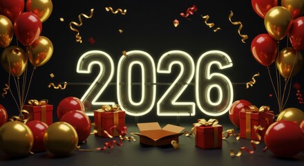 Glowing neon-outlined "2026" dominates. Red and gold balloons, confetti, gift boxes, and ribbons festively surround the number on a dark background
