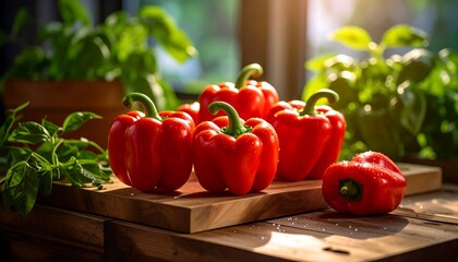 Sunlit red bell peppers on wooden board with basil