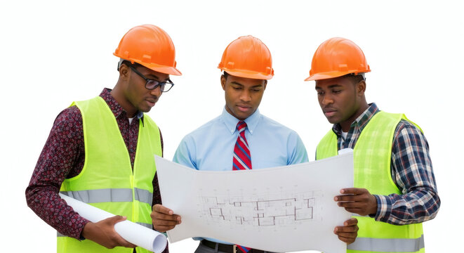 Three Black construction professionals in hard hats gather to review architectural blueprints.