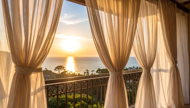 Sunset view through sheer curtains on a balcony overlooking the ocean