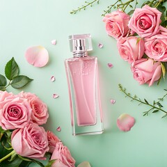 glass perfume bottle with pink roses from the top view