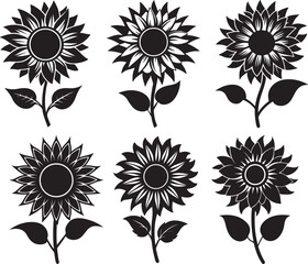 set of sunflower silhouette, black and white silhouette, vector and illustration