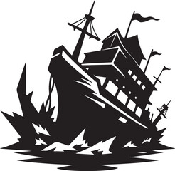 wrecked ship silhouette, black and white silhouette, vector and illustration