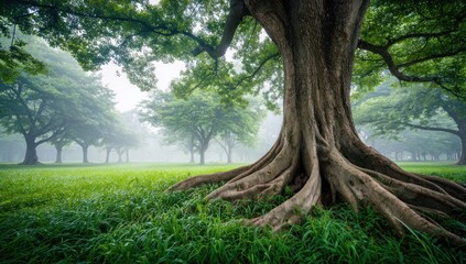 Fototapeta premium Majestic tree dominating a lush, green field with mist lingering in the background, creating a serene and peaceful atmosphere. Strong roots and branches extend, showcasing nature's beauty