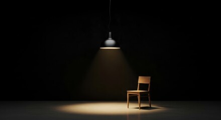 Obraz premium Single Wooden Chair Lit by Spotlight in Dark Room