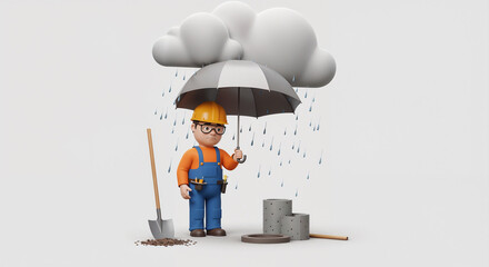 sad worker in a helmet stands under an umbrella at a construction site . Generative AI