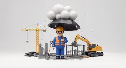 sad worker in a helmet stands under an umbrella at a construction site . Generative AI