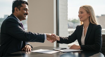Business handshake between two smiling professionals at a table.