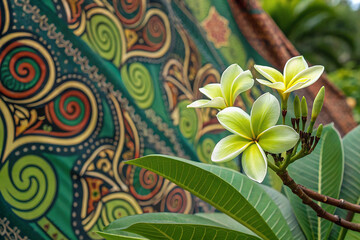 Closeup green flower on batik sarong pattern background in Thailand