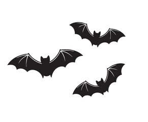 Three black bats in flight on white background flying animal