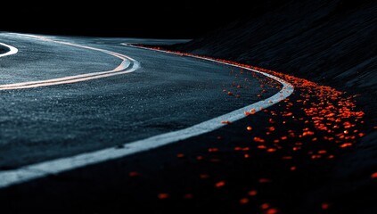 Curved road vanishing into darkness with autumn leaves scattered on the roadside; asphalt surface and white lines guide into the night
