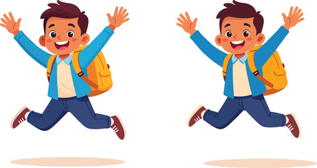 Two excited schoolboys with backpacks happily jumping, celebrating back to school or summer vacation, a flat cartoon.