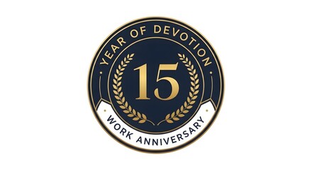 A fifteen year of devotion work anniversary gold and blue emblem. This elegant icon with a ribbon detail is for celebrating a career milestone, company loyalty, and service award. Isolated.