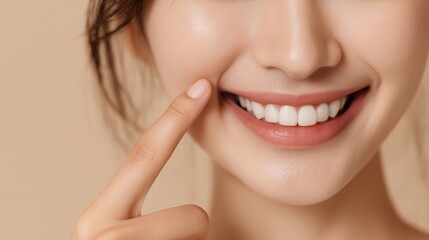 Fototapeta premium A woman with a white smile and a finger pointing to her teeth. Concept of confidence and positivity