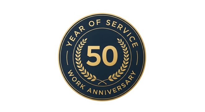 Premium fifty year of service work anniversary golden badge. A classic emblem for celebrating a 50-year professional jubilee, employee loyalty, and corporate milestone. Isolated on whit