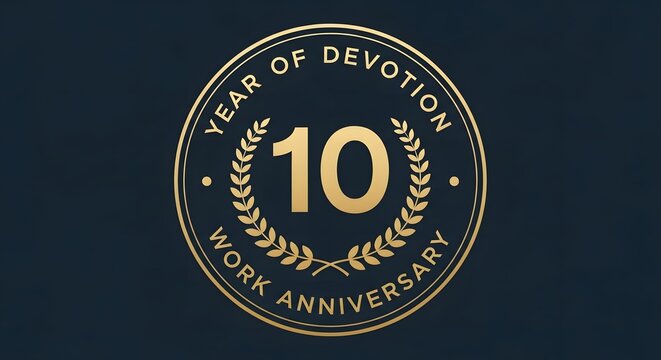 A classic 10 year of devotion work anniversary logo in gold on a dark background. An elegant emblem for celebrating a decade of service, company loyalty, and professional achievemen