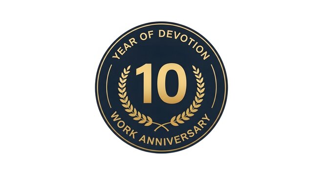 Simple and elegant 10 year of devotion work anniversary golden emblem. A clean circle logo for celebrating a decade of service, employee loyalty, and professional jubilee. Isolated on white